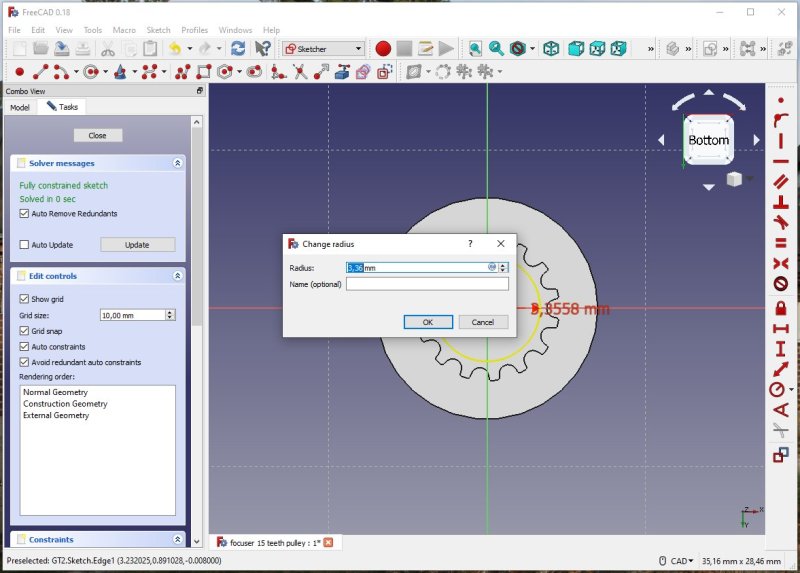 3D CAD: Making a drawing for GT2 pulleys to the focuser of lens