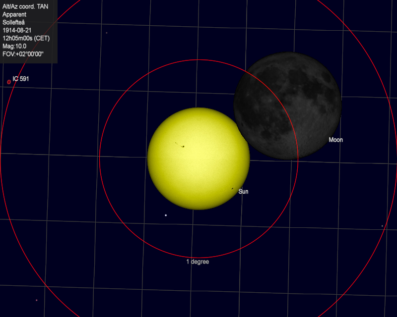 Solar eclipse Sollefteå 1914-08-21 13:30:00 CET, simulation in CdC