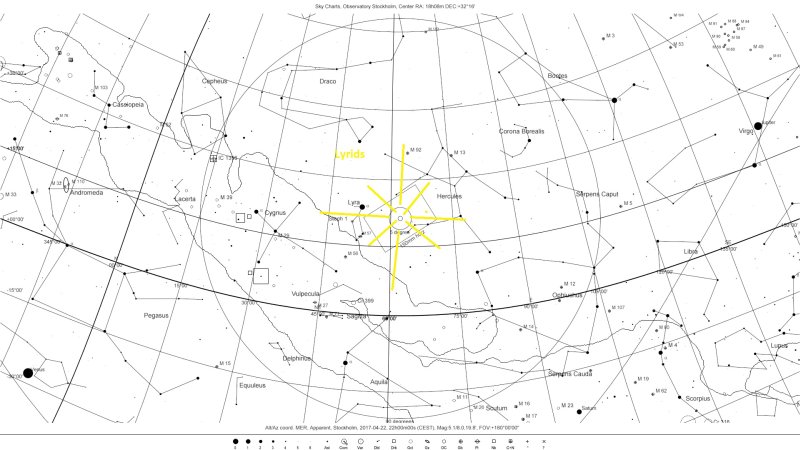 Skychart CdC map used for plannning of the Lyrids Meteor Shower 2017