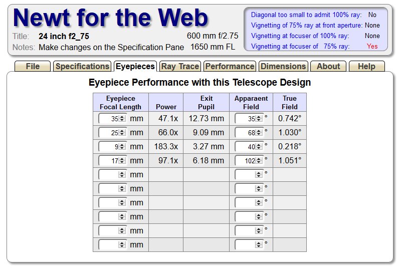 Design a Newton telescope with the Newt-Web tool, 24 inch f/2.75