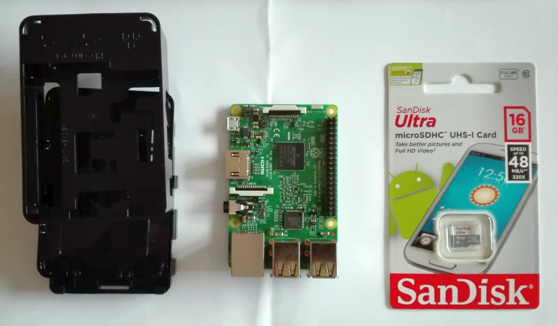 Box, Raspberry Pi 3 and microSD 16GB