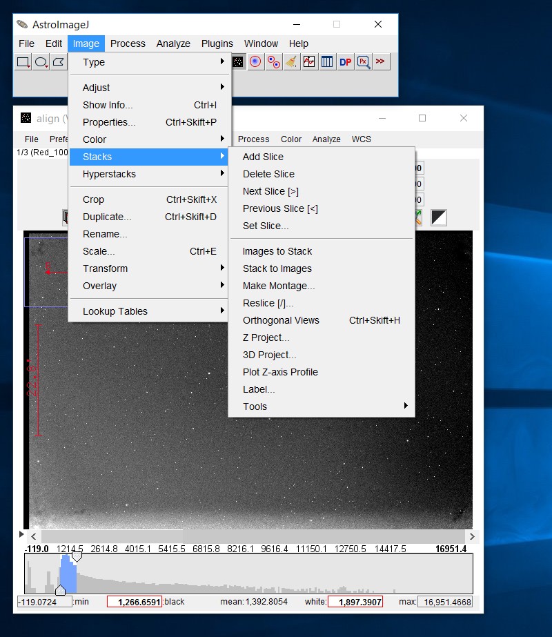 AstroImageJ, AIJ: stack with Z-Project