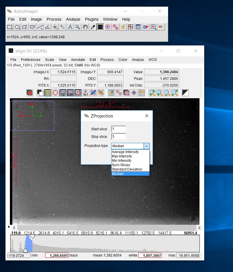 AstroImageJ, AIJ: stack parameter Median