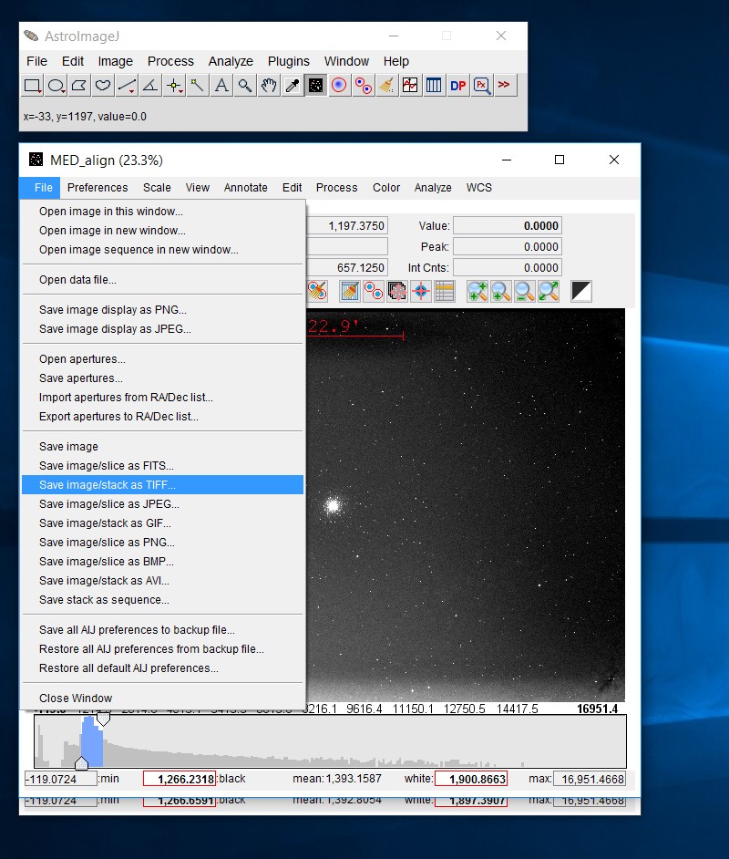 AstroImageJ, AIJ: save stacked image