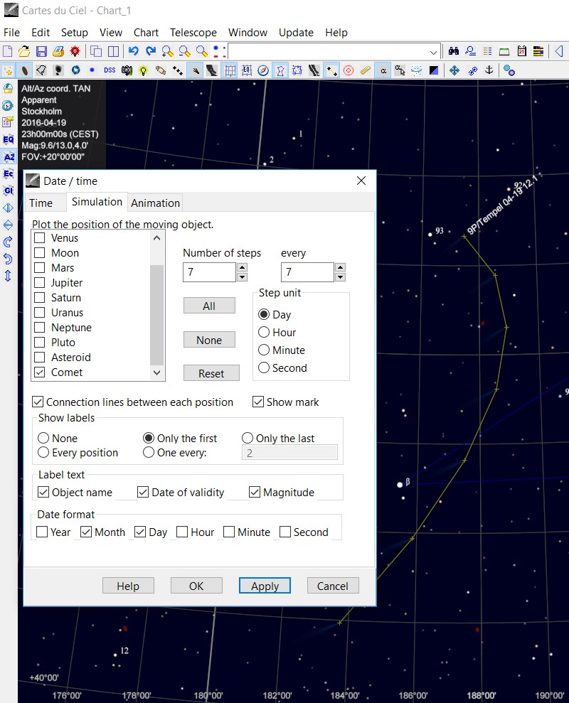 Skychart setup date/time simulation