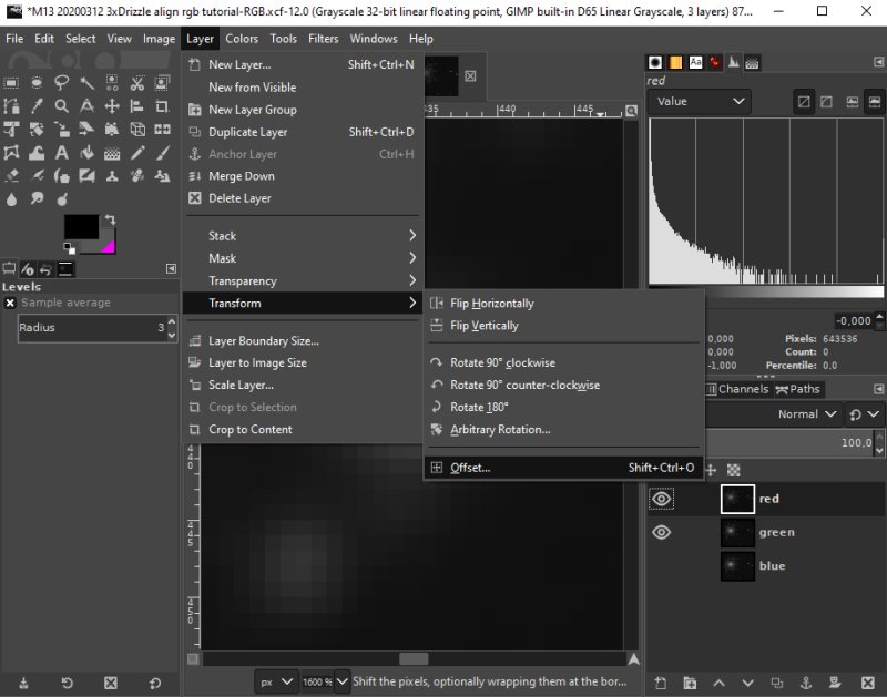 Align the red, green and blue layer with Gimp