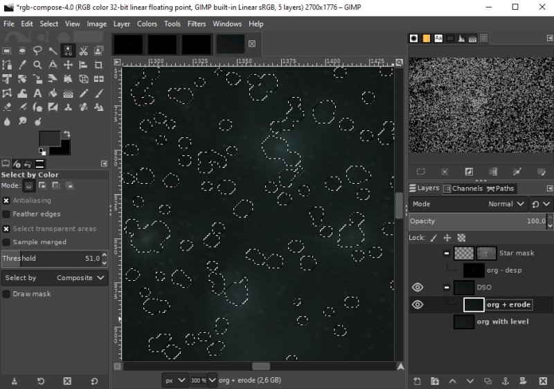Separation of stars and Deep Sky Objects, Gimp