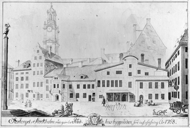 Fotografi av lavering föreställande Rådhuset vid Stortorget av E. Palmstedt, year1768-fotograf-unknown-stadsmuseet-ssmc002883