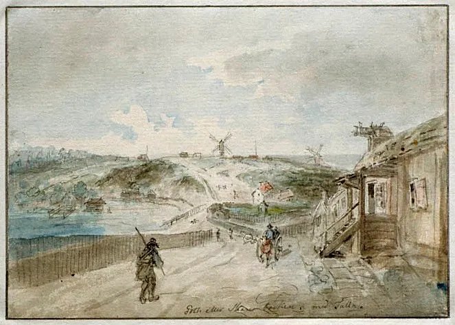 Akvarell Skansbacken 1780, kredit Wikipedia
