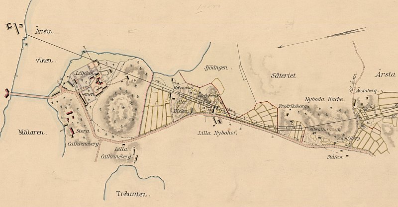Karta Expropriation Brännkyrka år 1858, Västra Stambanan. Källa: Stockholmskällan