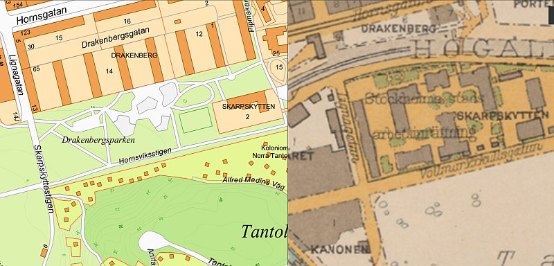 Delutsnitt Drakenbergsparken. Källa: Stockholmskällan, karta år 1934