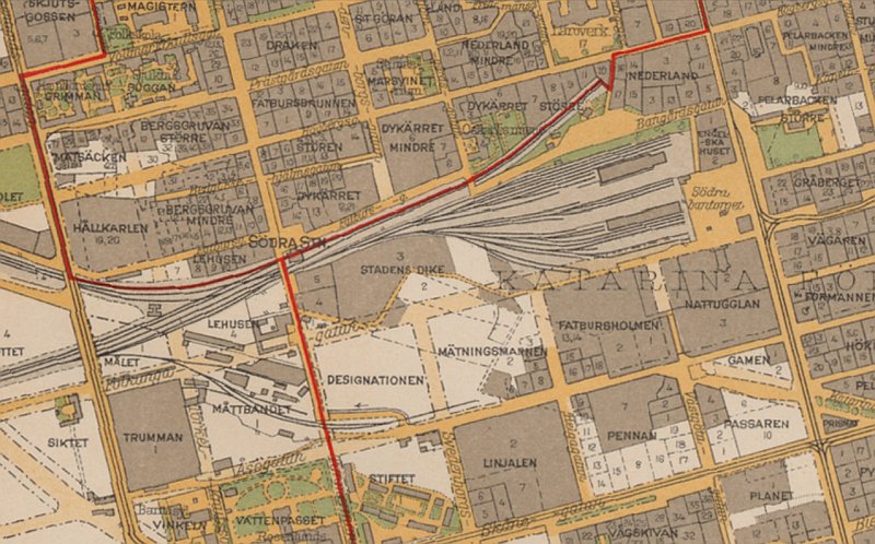 Delutsnitt Södra Station. Källa: Stockholmskällan, karta år 1934