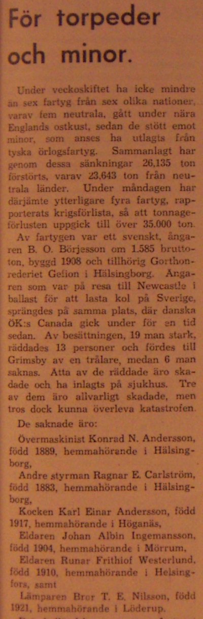 M/S B. O. Börjesson förliser 1939-11-19