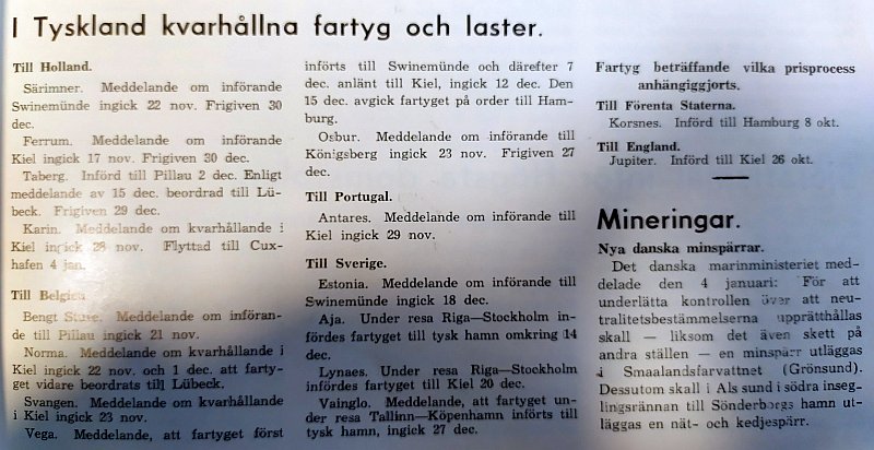 I Tyskland kvarhållna fartyg och laster, Svensk Sjöfartstidning, 1940