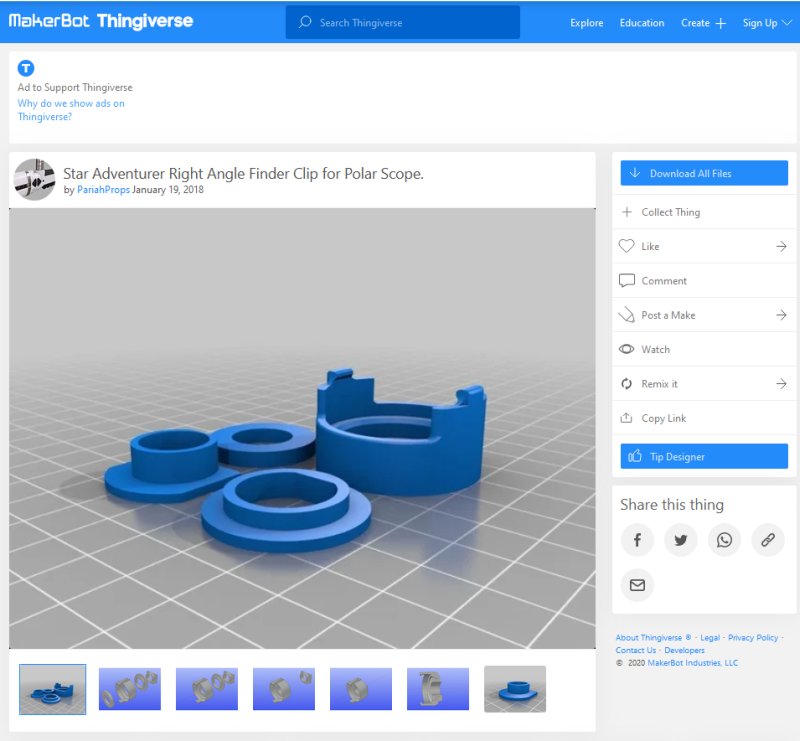 3D Printing: Adapter to polar finder telescope to attach a camera 90 degree angled viewer