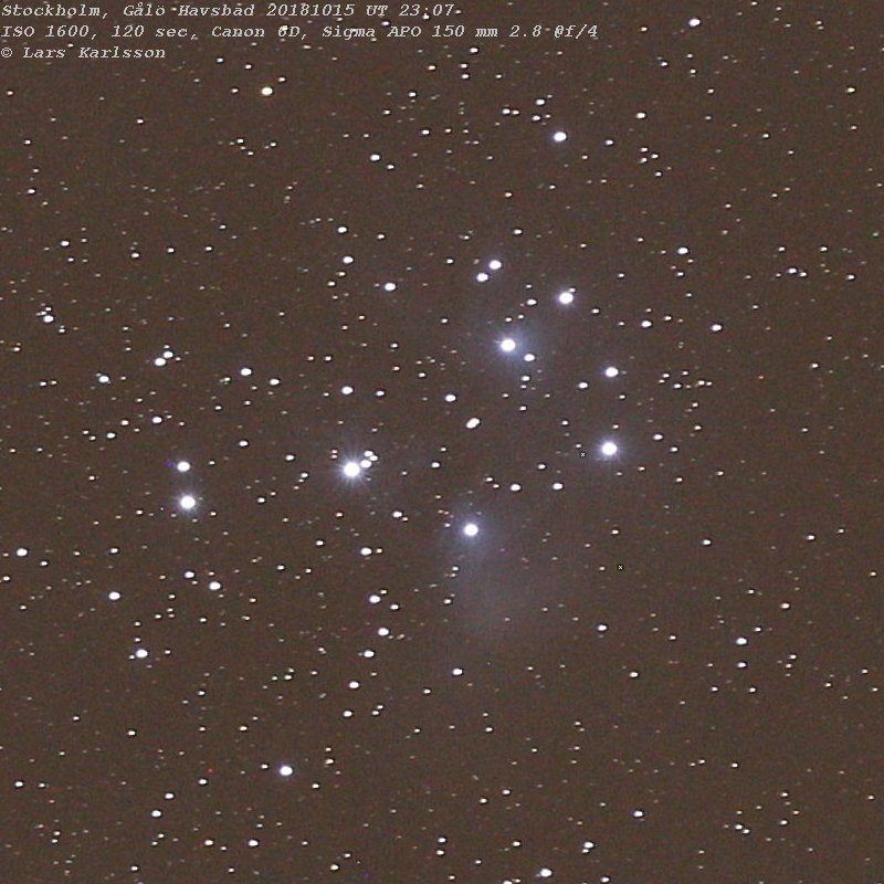 M45 Plejaderna fotograferat från Stockholm vid Gålö Havsbad, Light pollution test