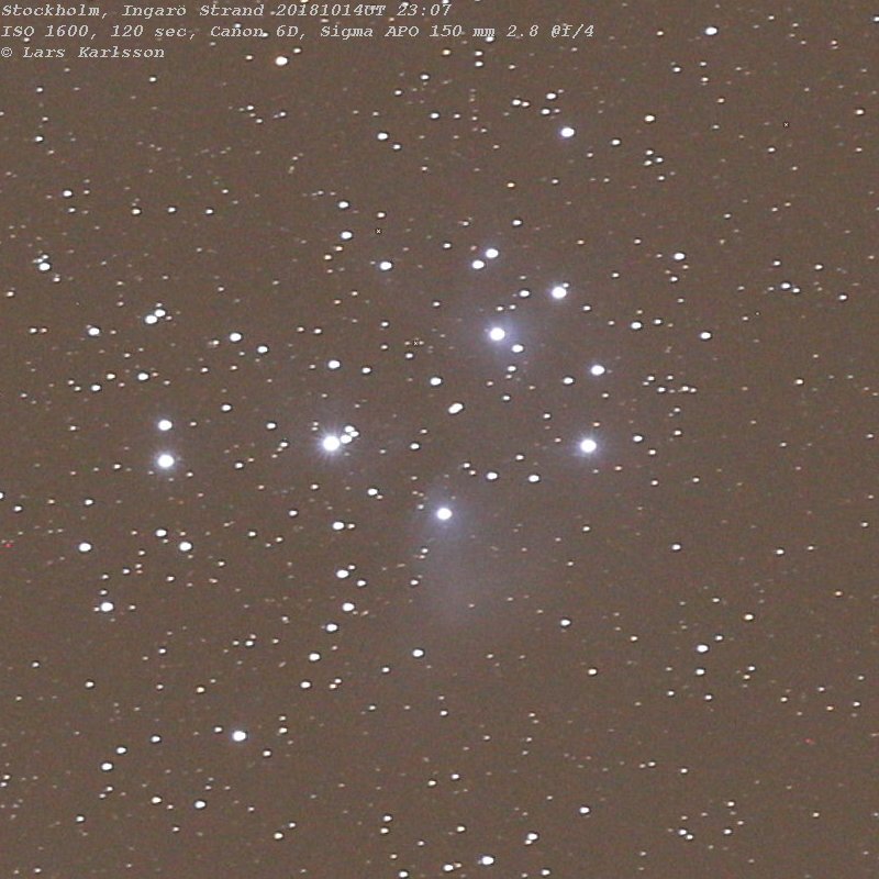 M45 Plejaderna fotograferat från Stockholm vid Ingaröstrand, Light pollution test