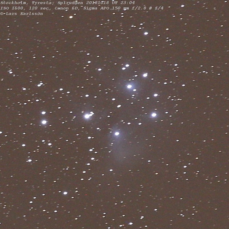 M45 Plejaderna fotograferat från Stockholm vid Tyresta Spirudden, Light pollution test