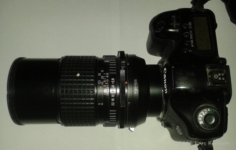 Pentax 67 with adapter mounted on Canon full frame camera