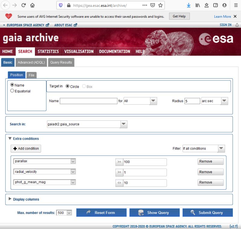 Gaia archive search window