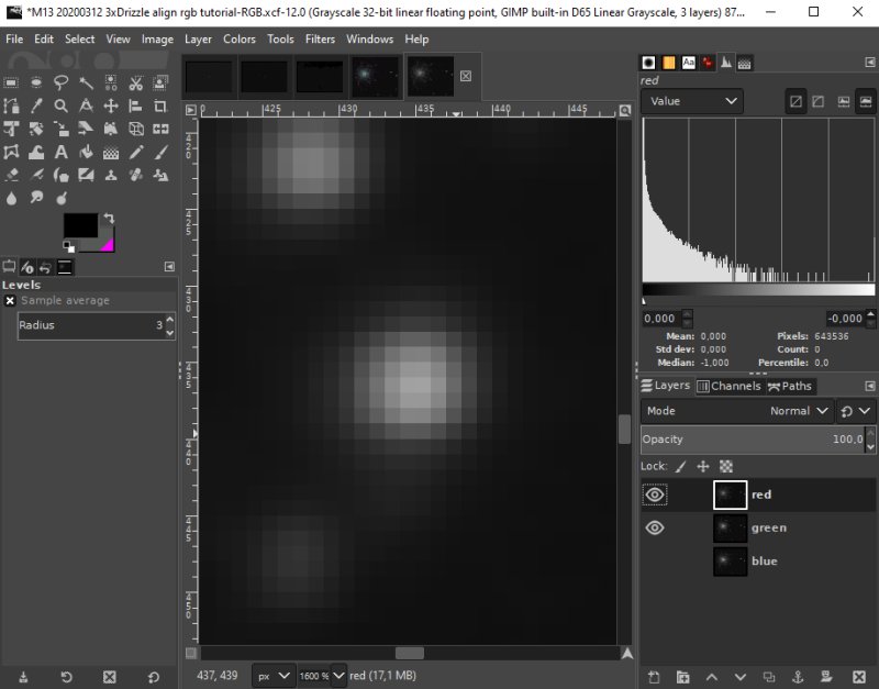 Align the red, green and blue layer with Gimp