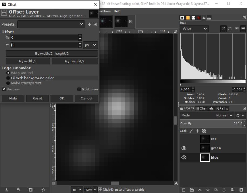 Align the red, green and blue layer with Gimp
