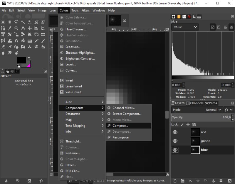 Align the red, green and blue layer with Gimp