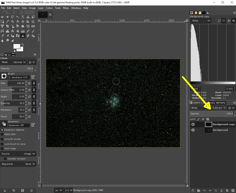 Subtract the Despeckle image from the M45 image, Gimp