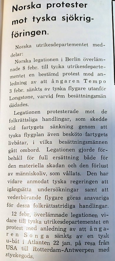 Norska protester mot tyska sjökrigsföringen, Svensk Sjöfartstidning, 1940